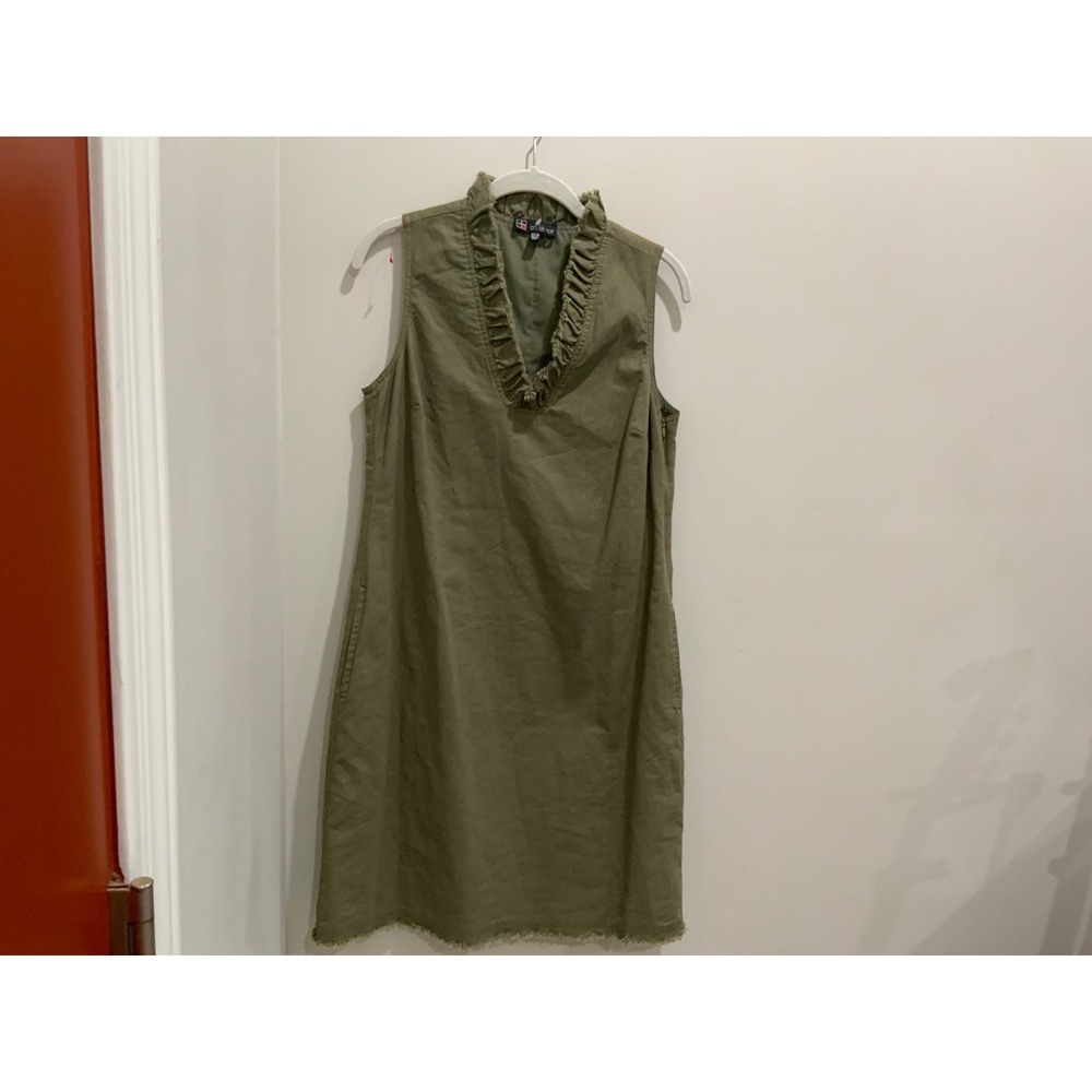 Carre Noir Olive Green Ruffle Neck Sleeveless Shift Dress‎ linen cotton.